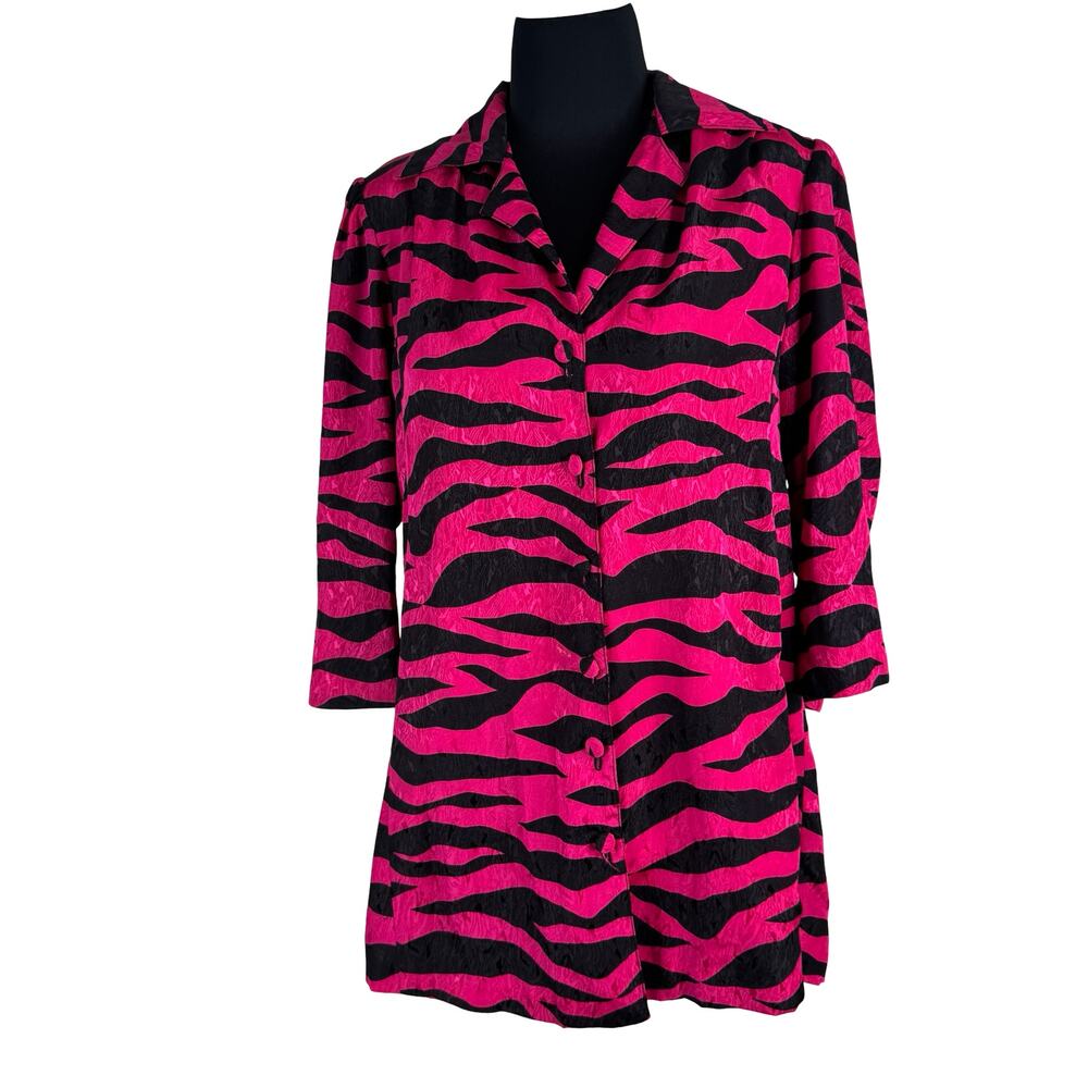 Vintage 80s Hot Pink Zebra Print Tunic Blouse Jacket Shoulder Pads Glam Rock Y2K